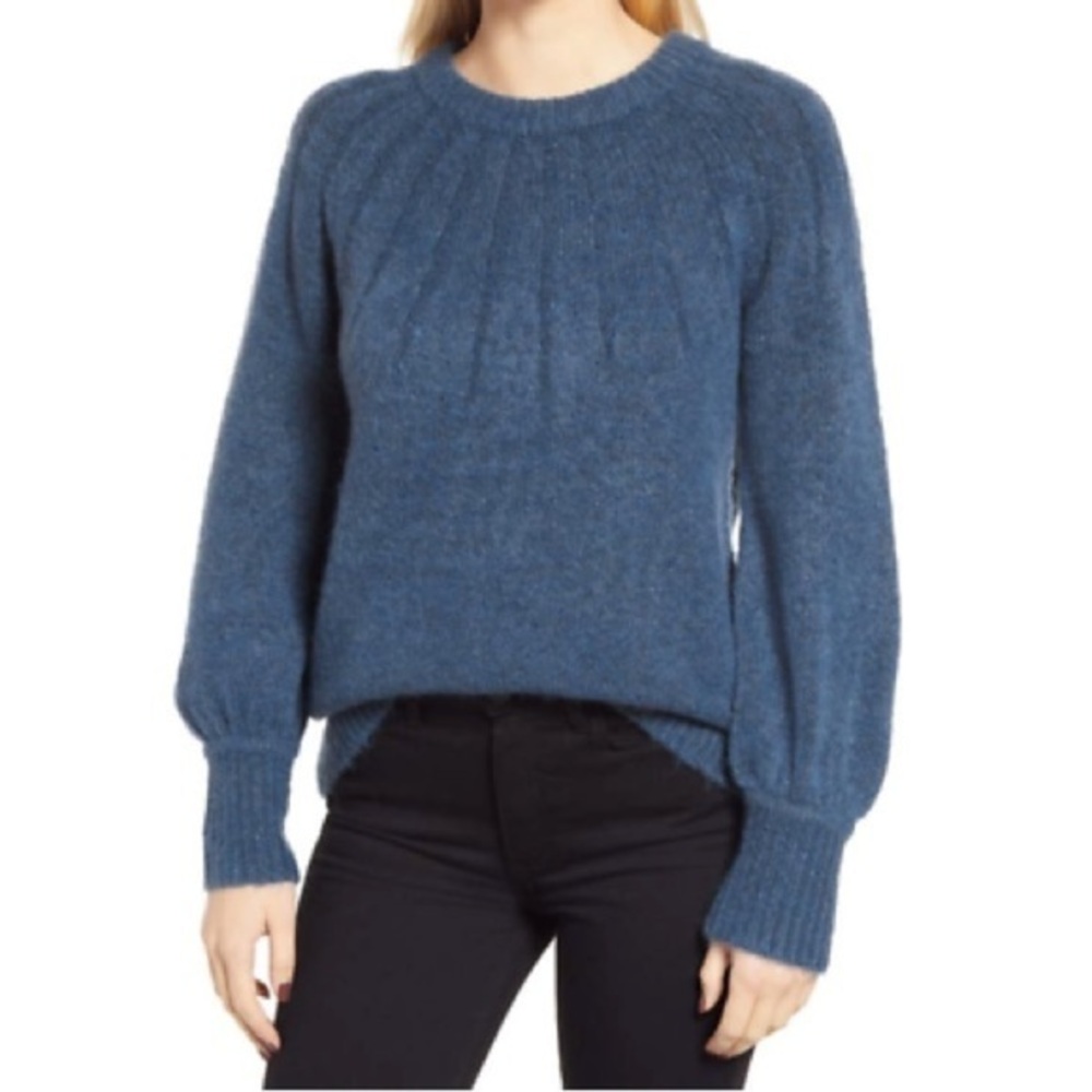 Caslon Rib Yoke Pullover Plush Sweater Blouson Sleeve Blue Ensign